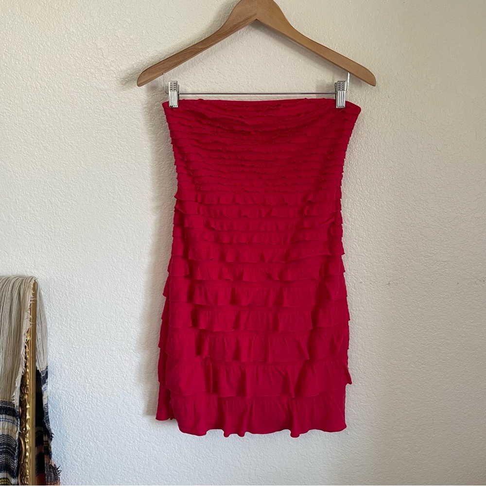 Y2K Express Strapless Mini Red Dress Tiered Ruffle Tube Top 2010 2000s Formal